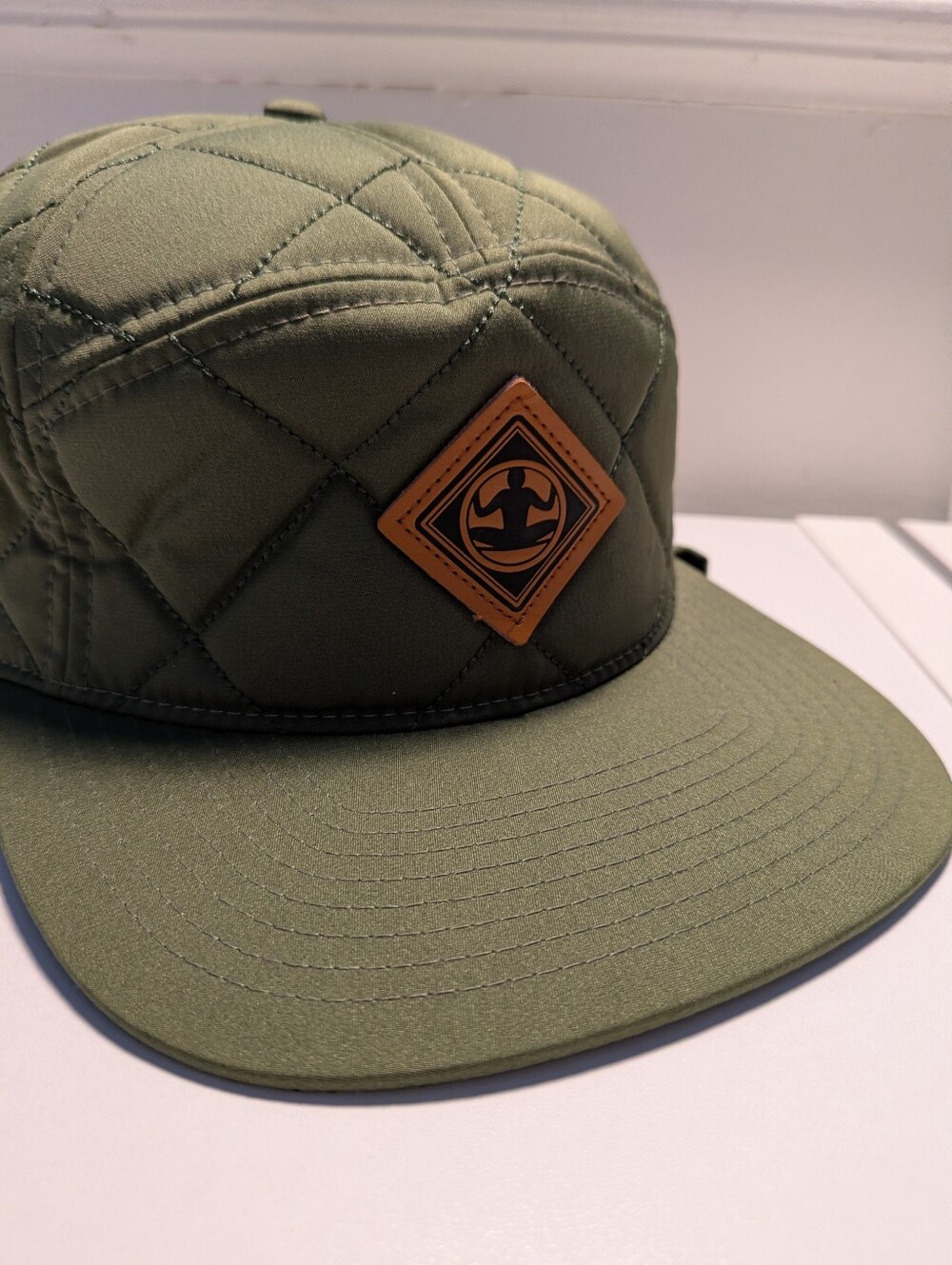 Quilted 5 Panel Camper Hat Leather Patch Yoga Meditation Olive Green Strapback